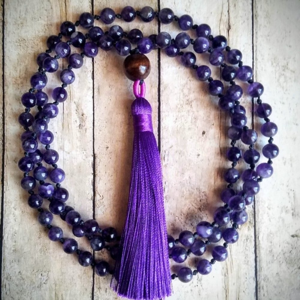 108 Knotted Amethyst Mala Neckace